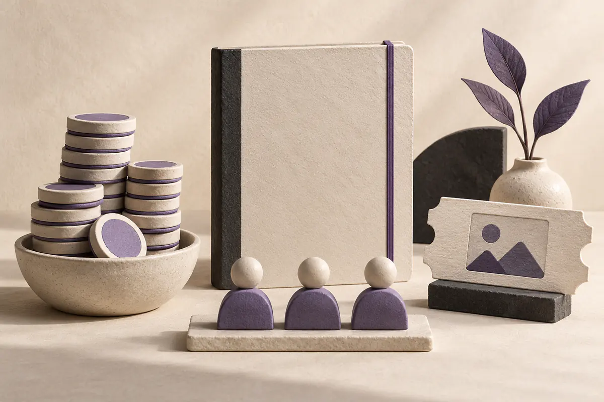 Three tactile ceramic vessels representing a stack of usage tokens, a row of seat markers and a resolved ticket, balanced around an unmarked cost ledger.