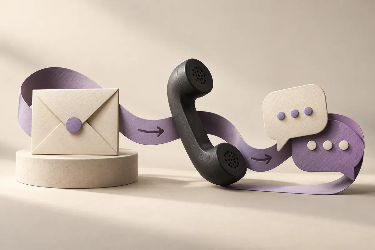 An envelope, telephone handset and message bubbles form a connected communication workflow.