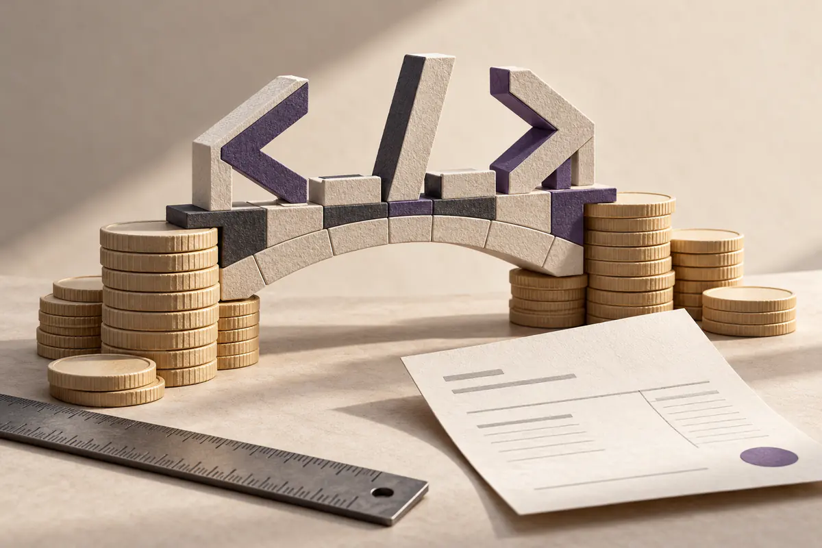 A small architectural bridge built from coding-bracket-shaped blocks resting on stacks of unmarked credit tokens, with a measuring ruler and blank invoice.