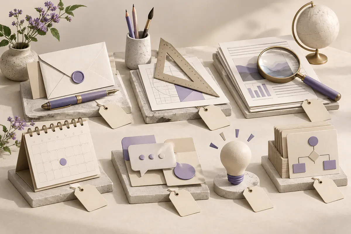 A curated ivory workbench of correspondence, drafting, research and scheduling tools with violet accents and blank price tags.