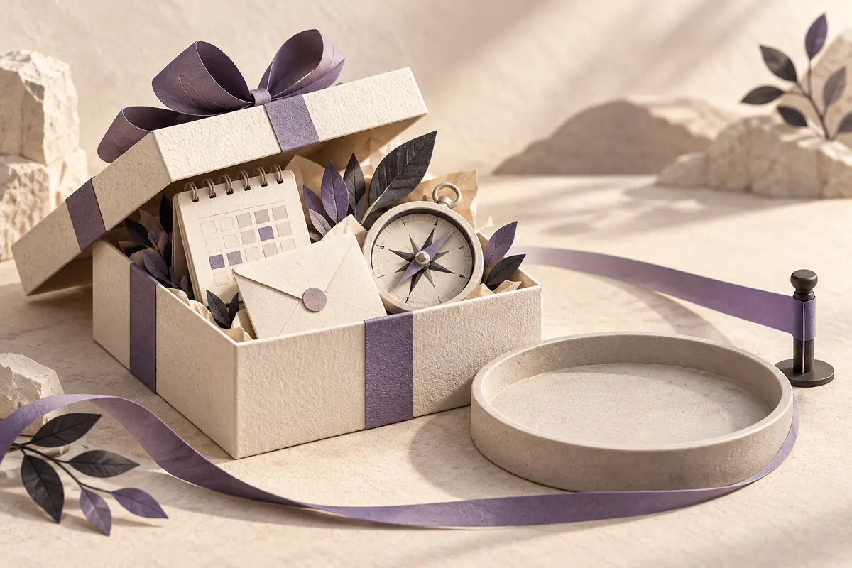 An open gift box holding useful miniature calendar envelope and compass tools, an empty coin tray beside it and a subtle boundary ribbon indicating limited allowance.