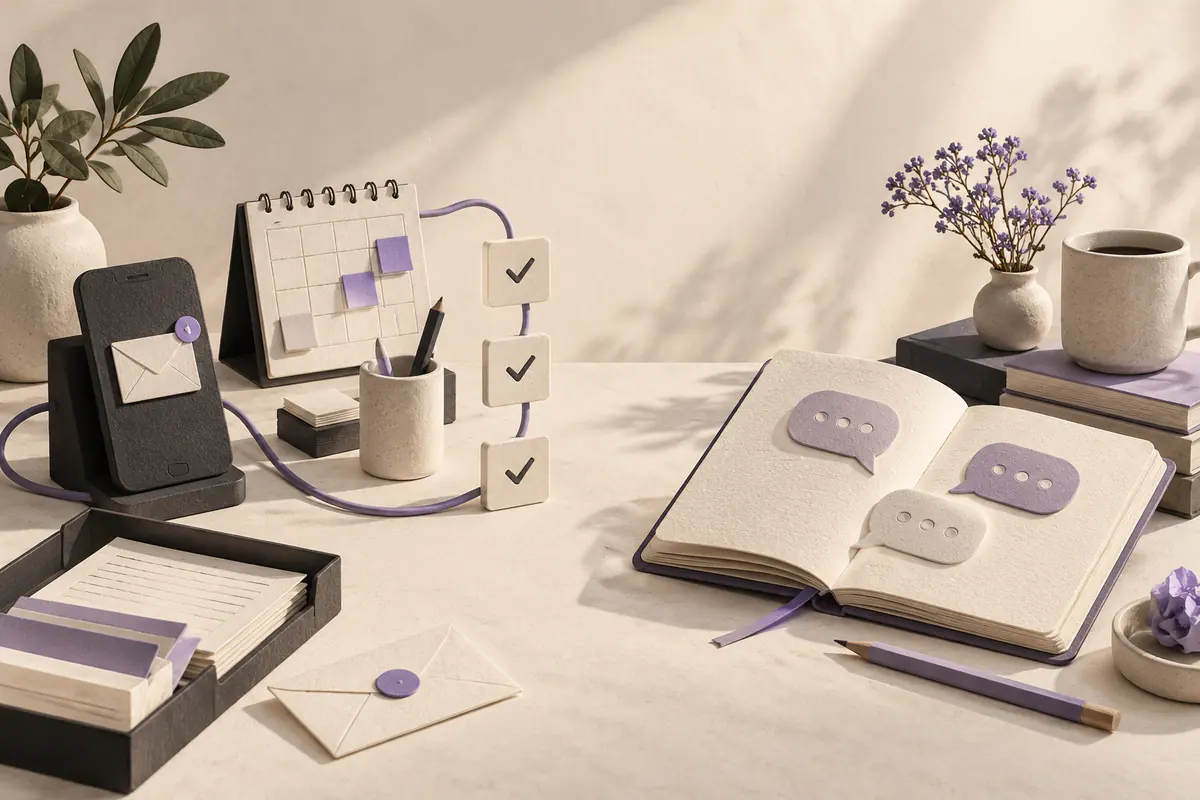 Two different unbranded workstations facing each other: one with a connected envelope phone and calendar task chain, the other with an open conversational notebook and pencil, balanced comparison.