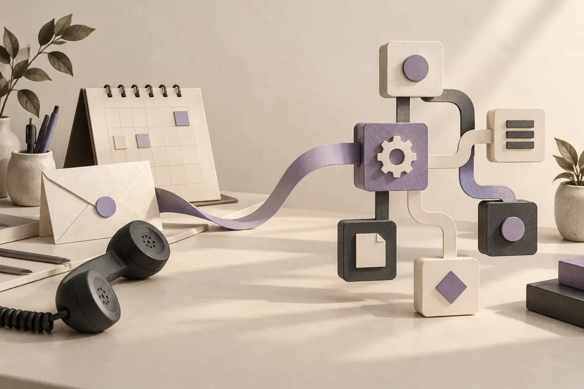 A quiet desk with calendar envelope and handset on one side, and a branching network of interlocking workflow blocks on the other, connected by a single paper ribbon.